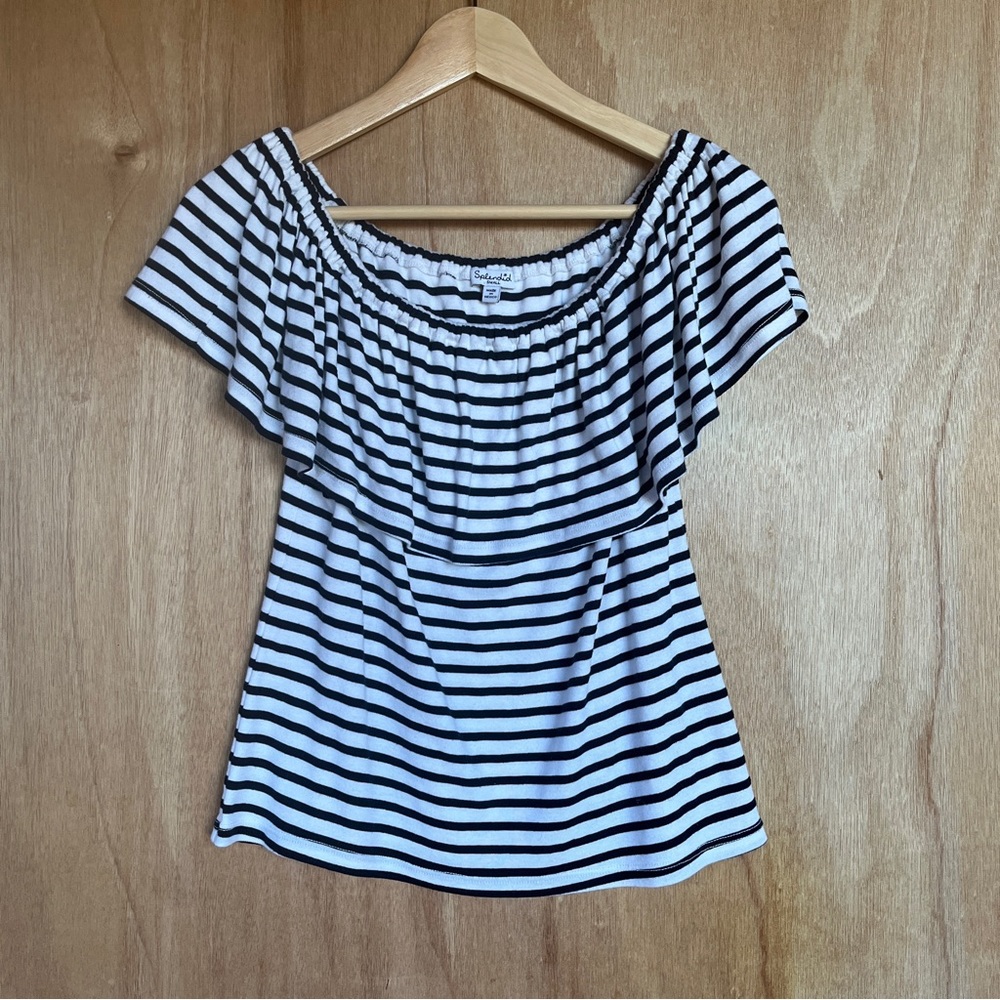 Splendid Striped Off Shoulder Ruffle Knit Spring Top Soft Navy & White Small S - Picture 3 of 4